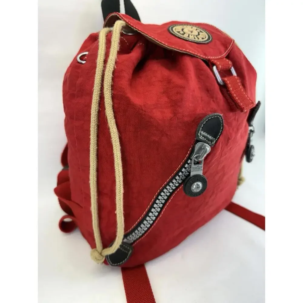 VINTAGE 90s Kipling Red Crinkle Nylon Backpack Rucksack Y2K Small Drawstring